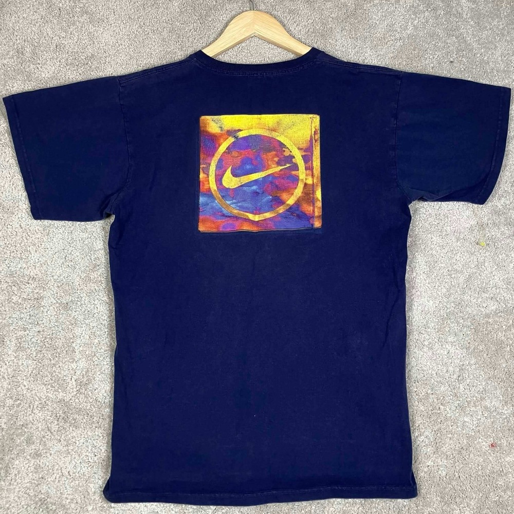 Vintage 90s Nike V-Neck T-Shirt Mens Medium Navy Blue Made in USA Graphic Tee